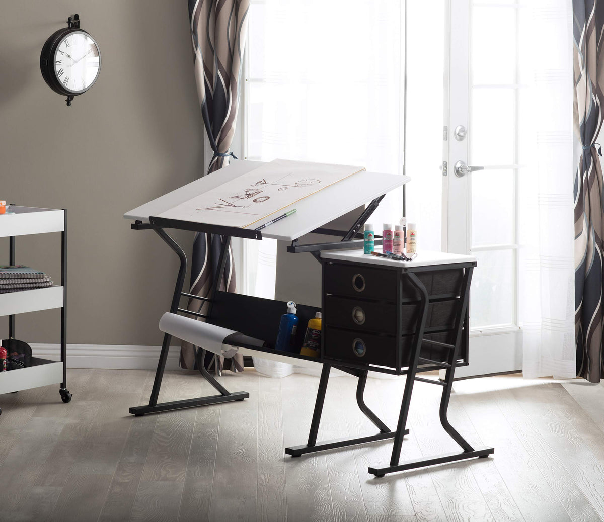 2 Piece Eclipse Ultra Center/Drawing Table with Stool, Angle Adjustable Top, Storage Shelves, and Drawers