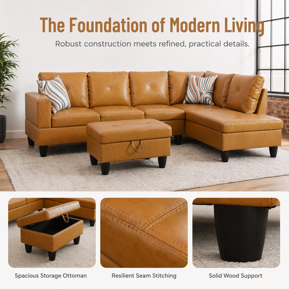 97.5" Leather L Shaped Couch with Left Chaise & Cup Holder, Sectional Sofas Modular Furniture Set with Storage Ottoman, Convertible Couches for Living Room, Office & Small Space (Black)