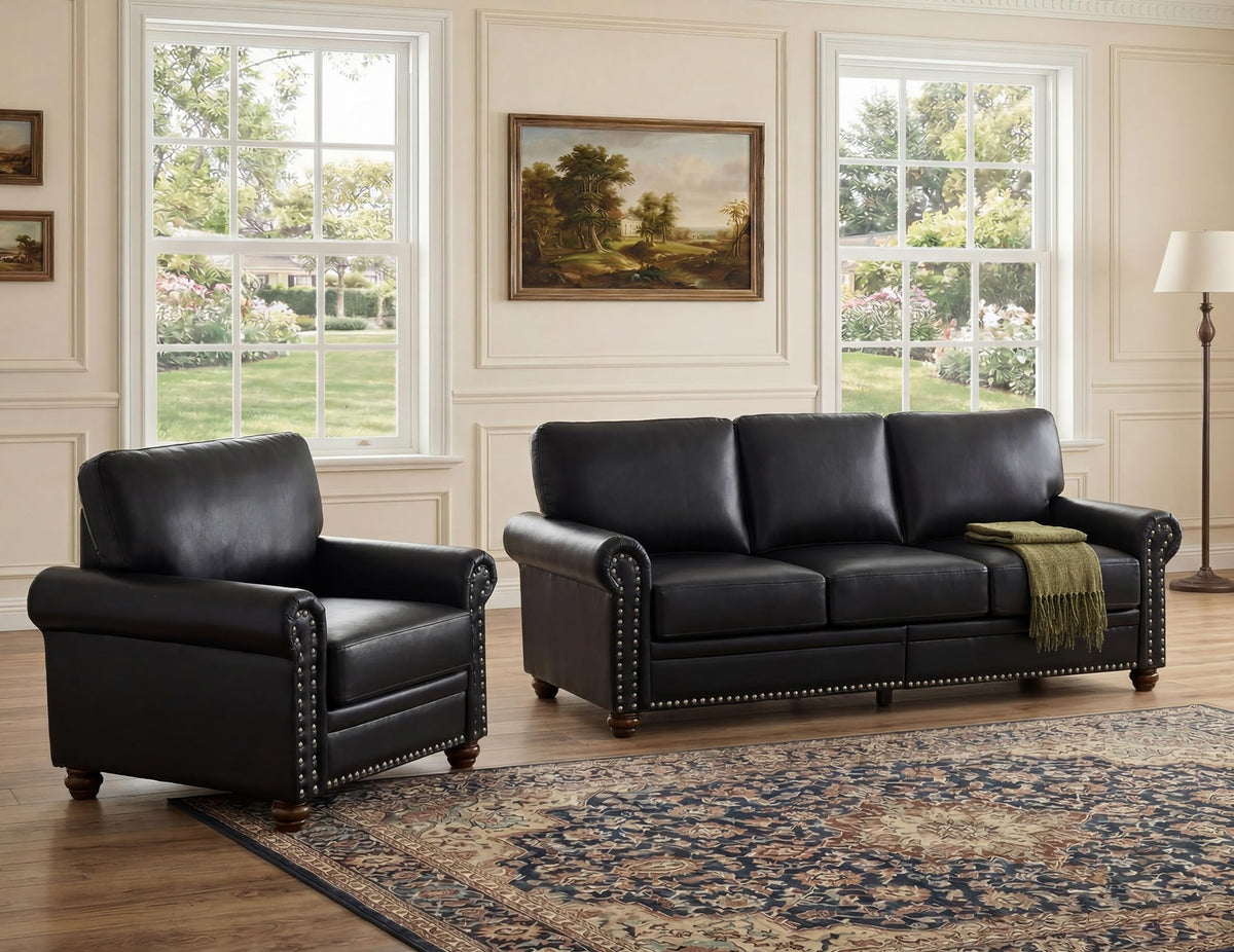 2 Piece Couch Sets for Living Room,Mid Century Modern Couch with Storage Nailhead Trim & Rolled Armrests,Deep Seat Comfy Couch,Furniture Set for Living Room,Bedroom,Office(Navy Blue,Loveseat+3 Seater)