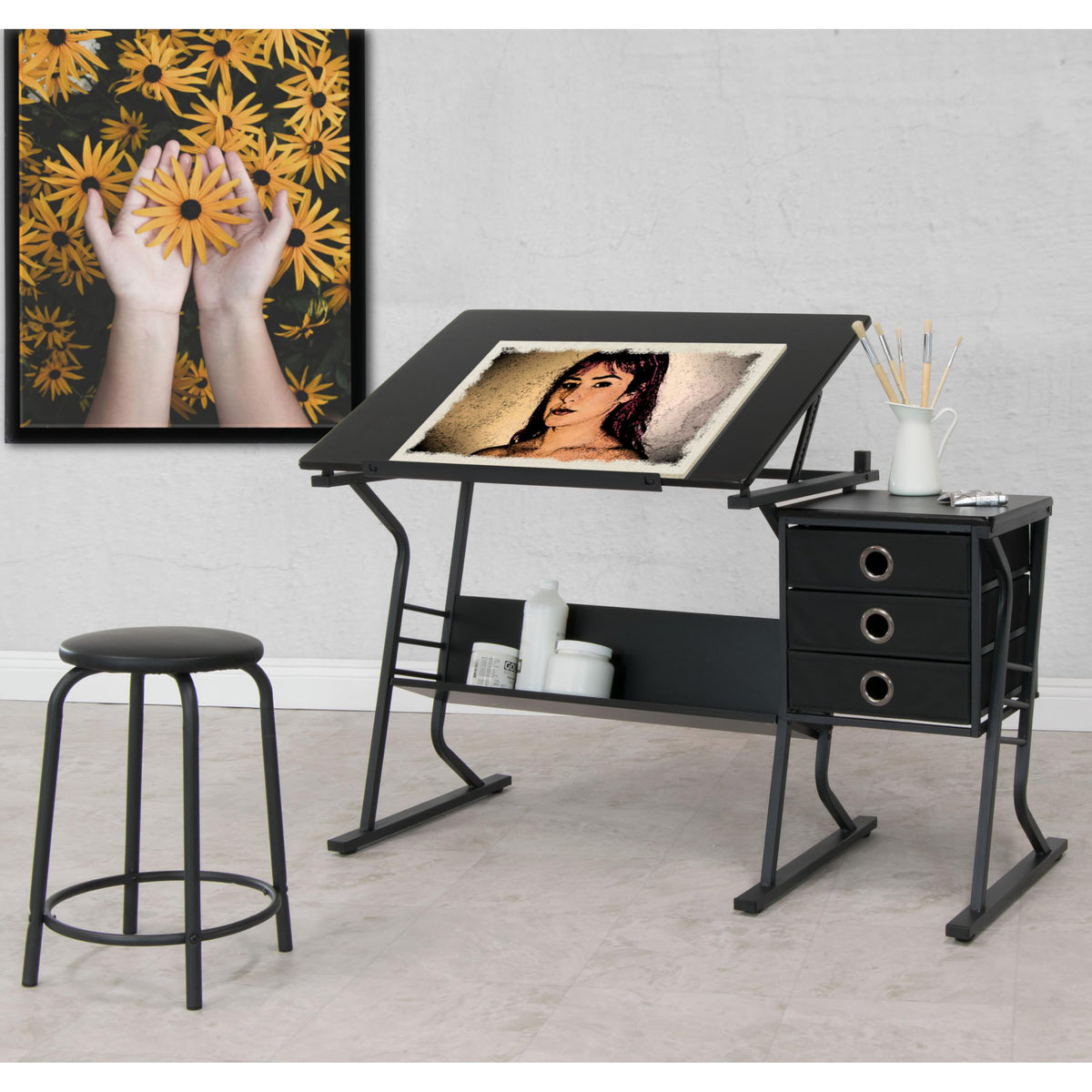 2 Piece Eclipse Ultra Center/Drawing Table with Stool, Angle Adjustable Top, Storage Shelves, and Drawers