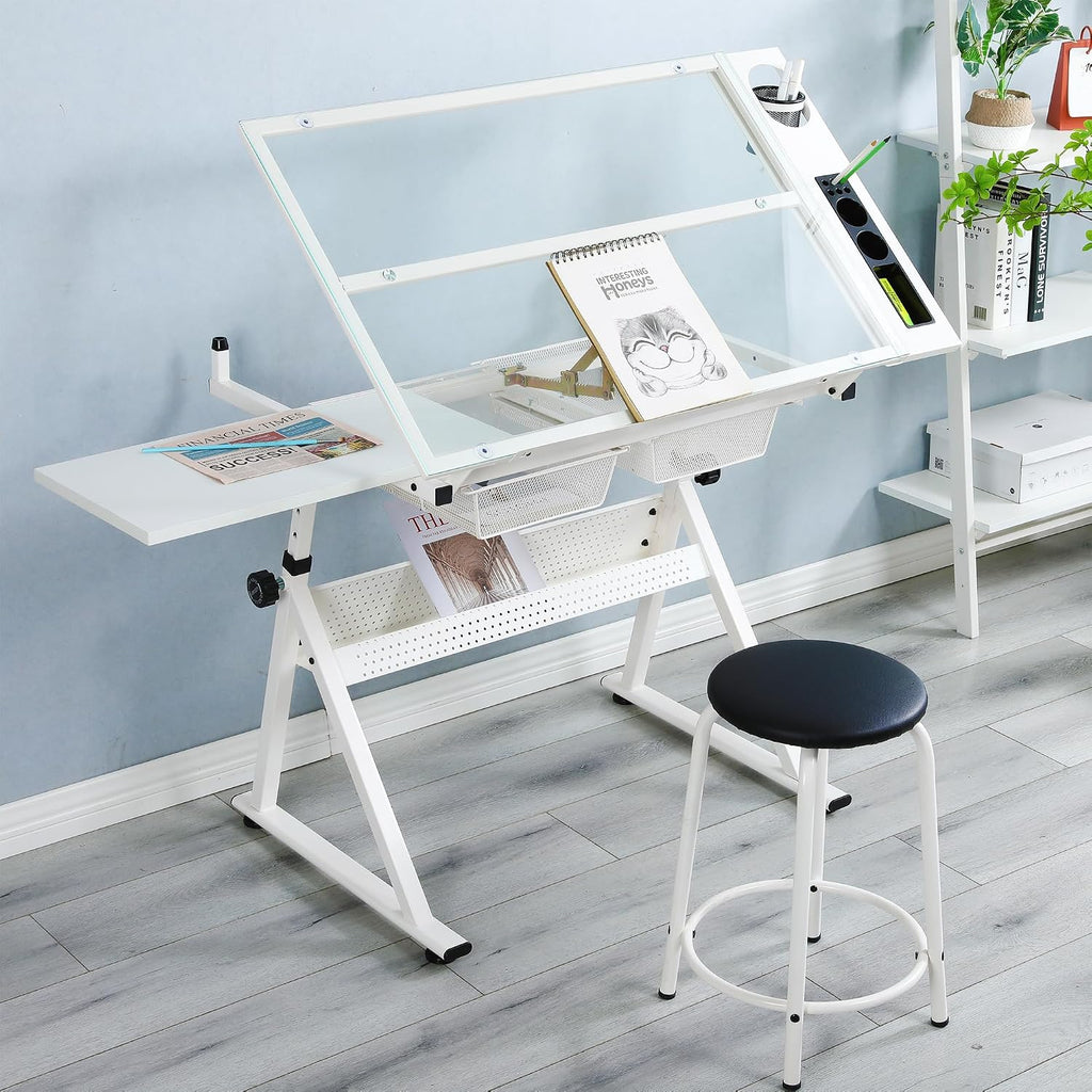 Drafting Table Adjustable for Artists - Art Drawing Desk with Storage for Painting Sketching - Glass Top for Painters Illustrators Cartoonists White