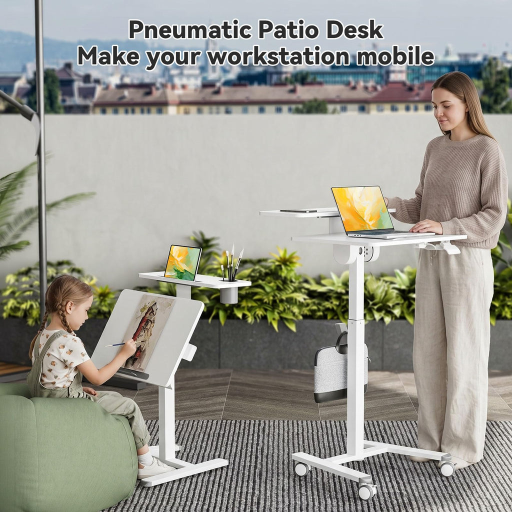 28" Mobile Standing Desk, Tiltable Top with 2-Tier Shelves, White
