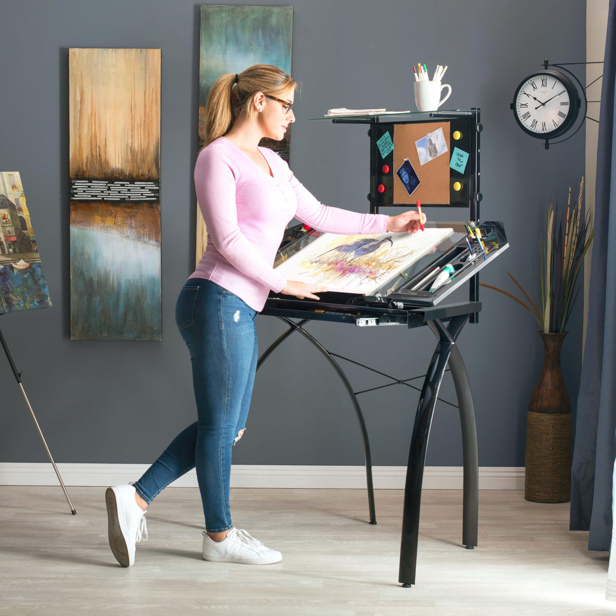 SD STUDIO DESIGNS Futura LS WorkCenter with Tilt Top Adjustable Drafting Table Craft Table Drawing Desk Hobby Table Writing Desk Studio Desk, Silver / Blue Glass