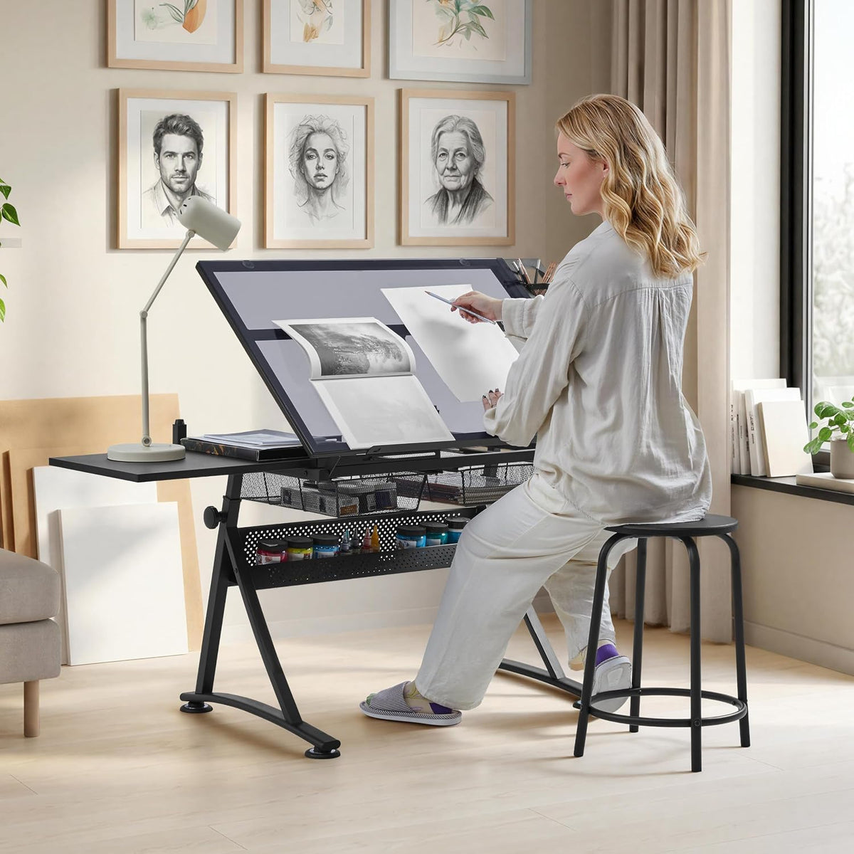 Yaheetech Adjustable Drafting Table & Stool, Tilting Glass Art Desk, Black