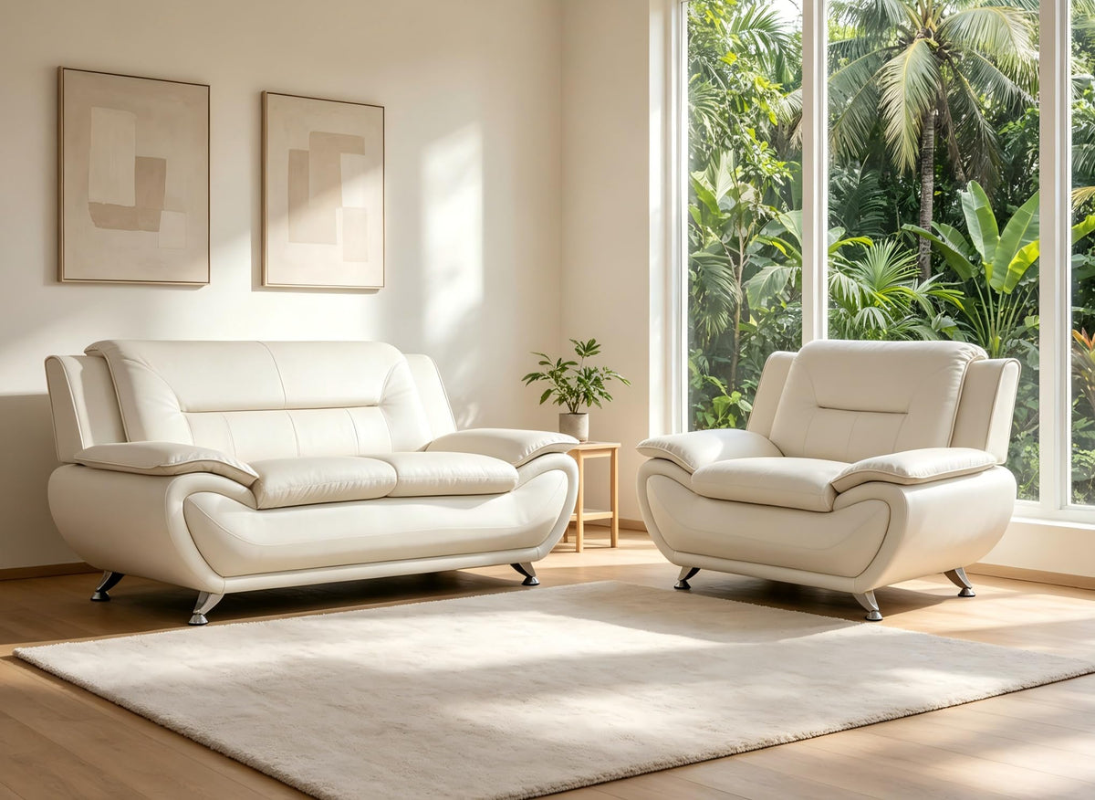 Creamy White Living Room Furniture Set, 2-Piece Modern Faux Leather Couches for Home, Living Room Sofa Sets, 3-Seater Sofa and Loveseat with Metal Feet, Couch Set for Bedroom, Hotel, Office