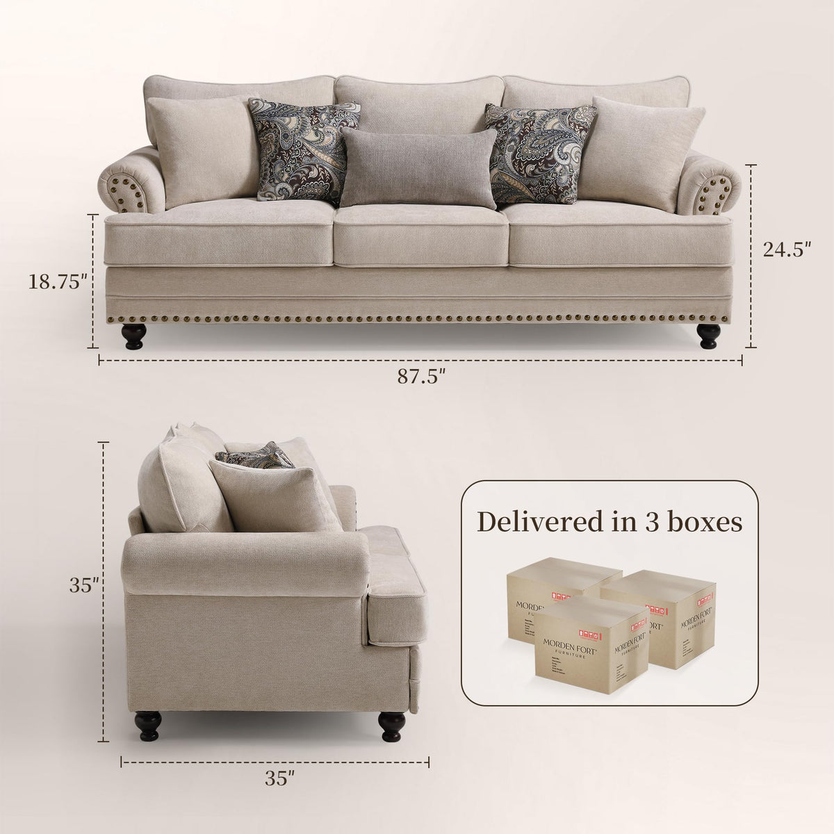 Modern Farmhouse Loveseat Sofa, Chenille Upholstery with Nailhead Trim, Small Couch for Living Room, Bedroom, Office, or Apartment, Includes 4 Accent Pillows