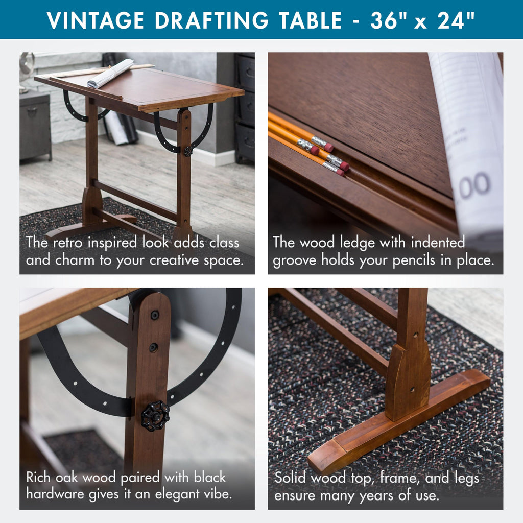 Studio Designs Vintage Drafting Table - Antique Design Solid Wood Drafting Table with Built-In Pencil Groove and Pencil Ledge - Angle Adjustable Work Surface