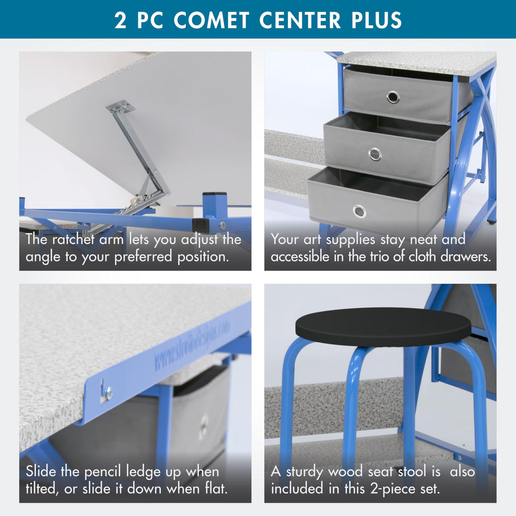 SD Studio Designs 2 Piece Comet Center Plus, Craft Table and Matching Stool Set with Storage and Adjustable Top, Silver/Black