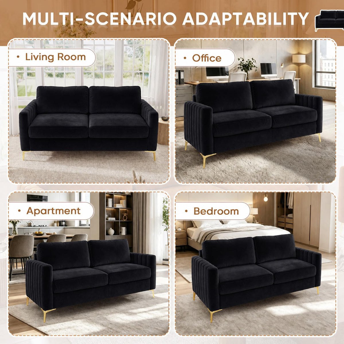 2 Piece Sofa and Loveseat Set, Comfy Tufted Velvet Couch and Loveseat Sets Furniture with Gold Leg, Mid Century Modern Couch Soft Upholstered Sofa Set of 2 for Living Room Bedroom Office (Navy Blue)