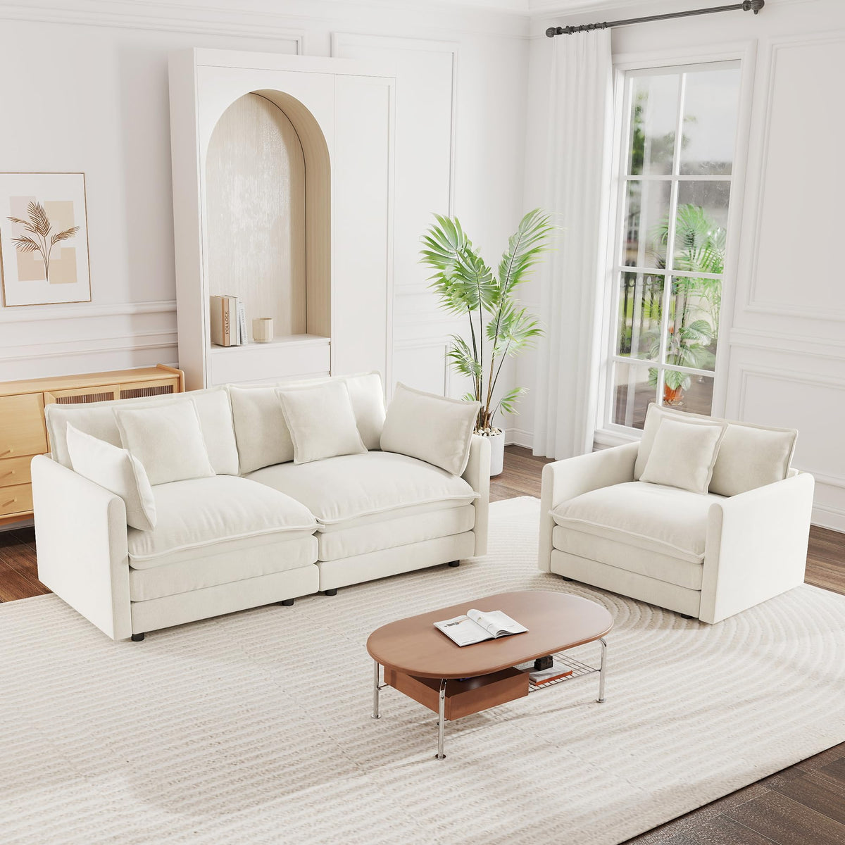 mikibama Luxury 2 Piece Loveseat Couch & Sofa Armchair Set, Modern Upholstered Chenille Cloud Couches Set Furniture with 5 Pillow for Living Room Bedroom Office Apartment, Evergreen