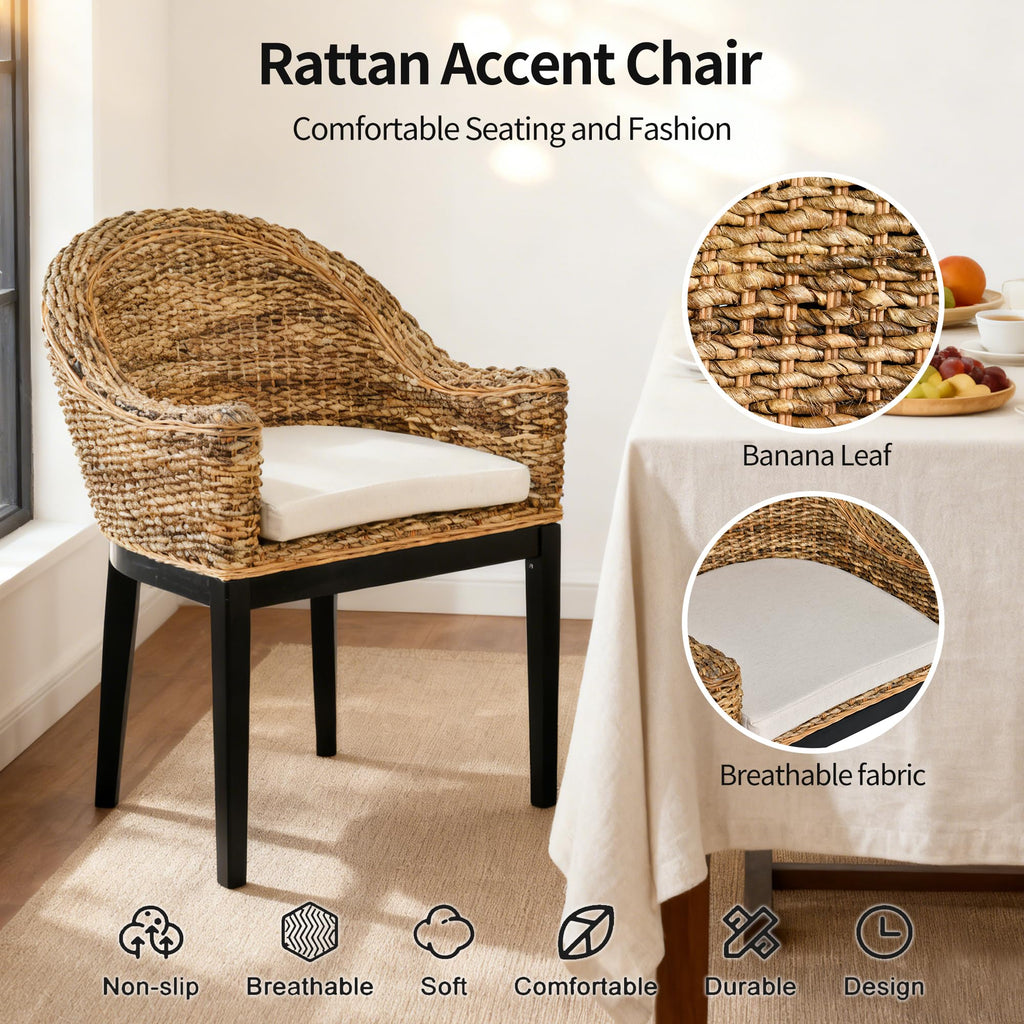 DUHOME 2 Sets Wood Rattan Arm Accent Chairs Natural Wash/White Cushion