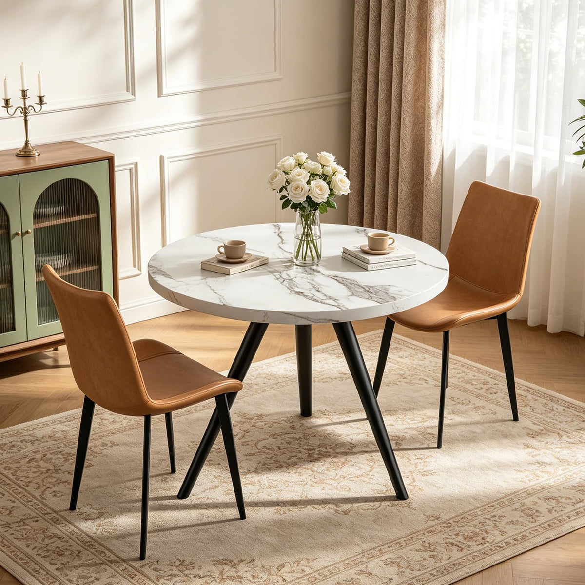 34.6" Round Dining Table Set for 4, Modern Kitchen Coffee Table Set, Walnut