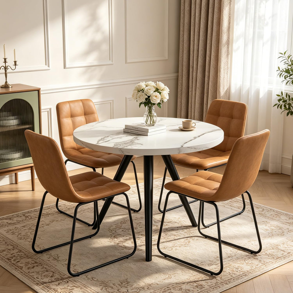 34.6" Round Dining Table Set for 4, Modern Kitchen Coffee Table Set, Walnut