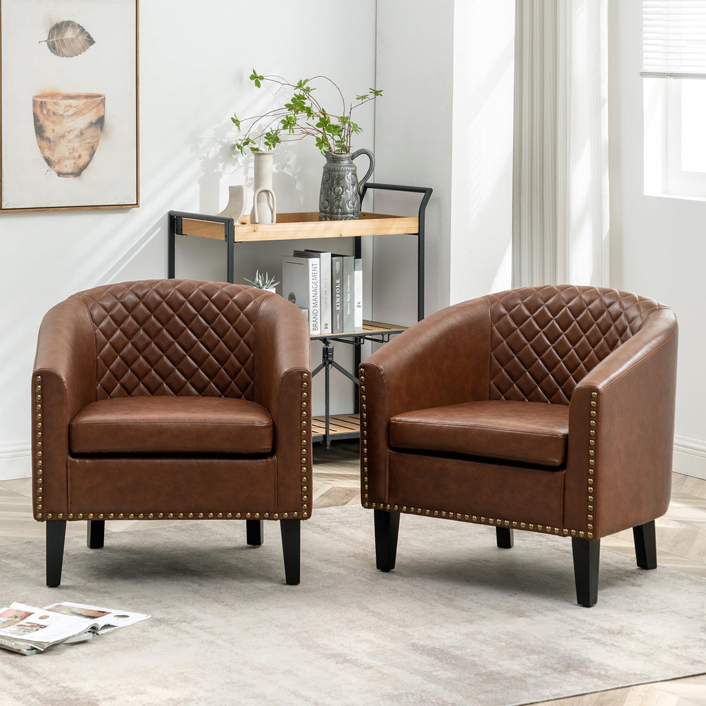 KINWELL 29" W Faux Leather Tufted PU Barrel Club Chairs Set of 2, Black