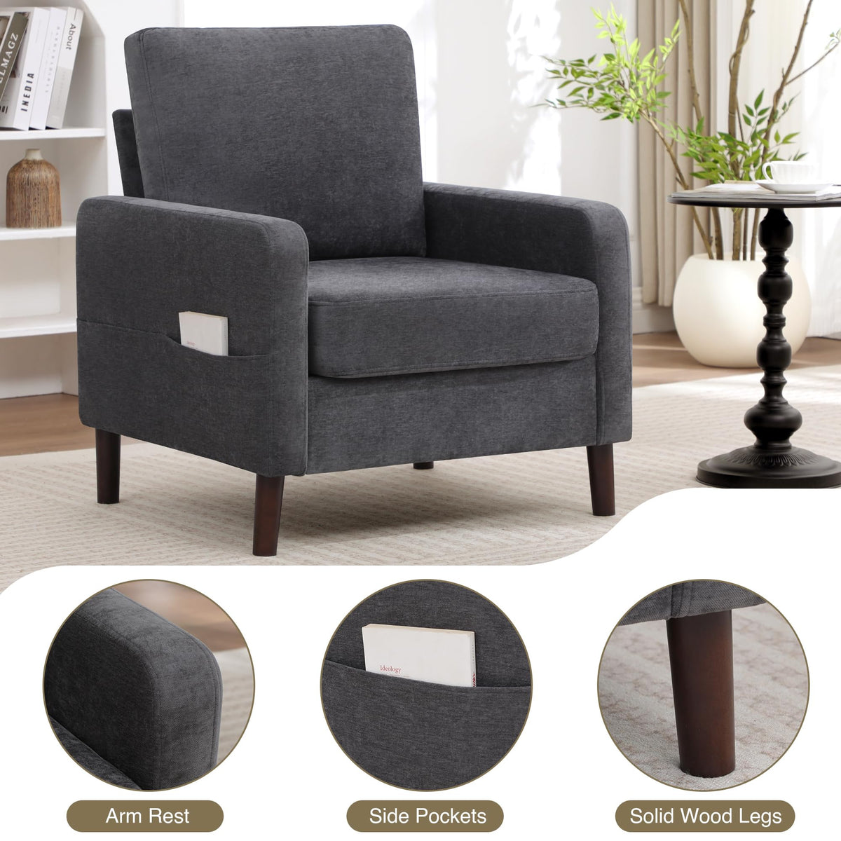 Accent Chair Set of 2, Upholstered Living Room Chairs with Wood Legs and Side Pockets, Modern Reading Chair for Bedroom, Armchair Single Sofa Side Chair for Office, Small Room, Dark Grey