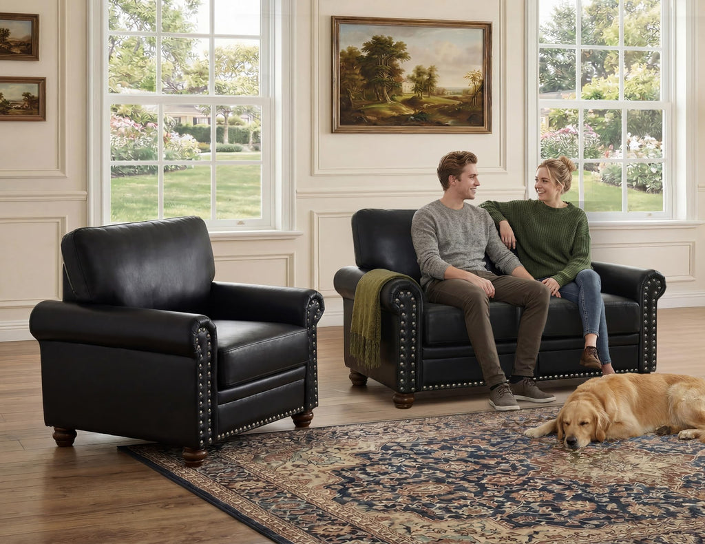 2 Piece Couch Sets for Living Room,Mid Century Modern Couch with Storage Nailhead Trim & Rolled Armrests,Deep Seat Comfy Couch,Furniture Set for Living Room,Bedroom,Office(Navy Blue,Loveseat+3 Seater)