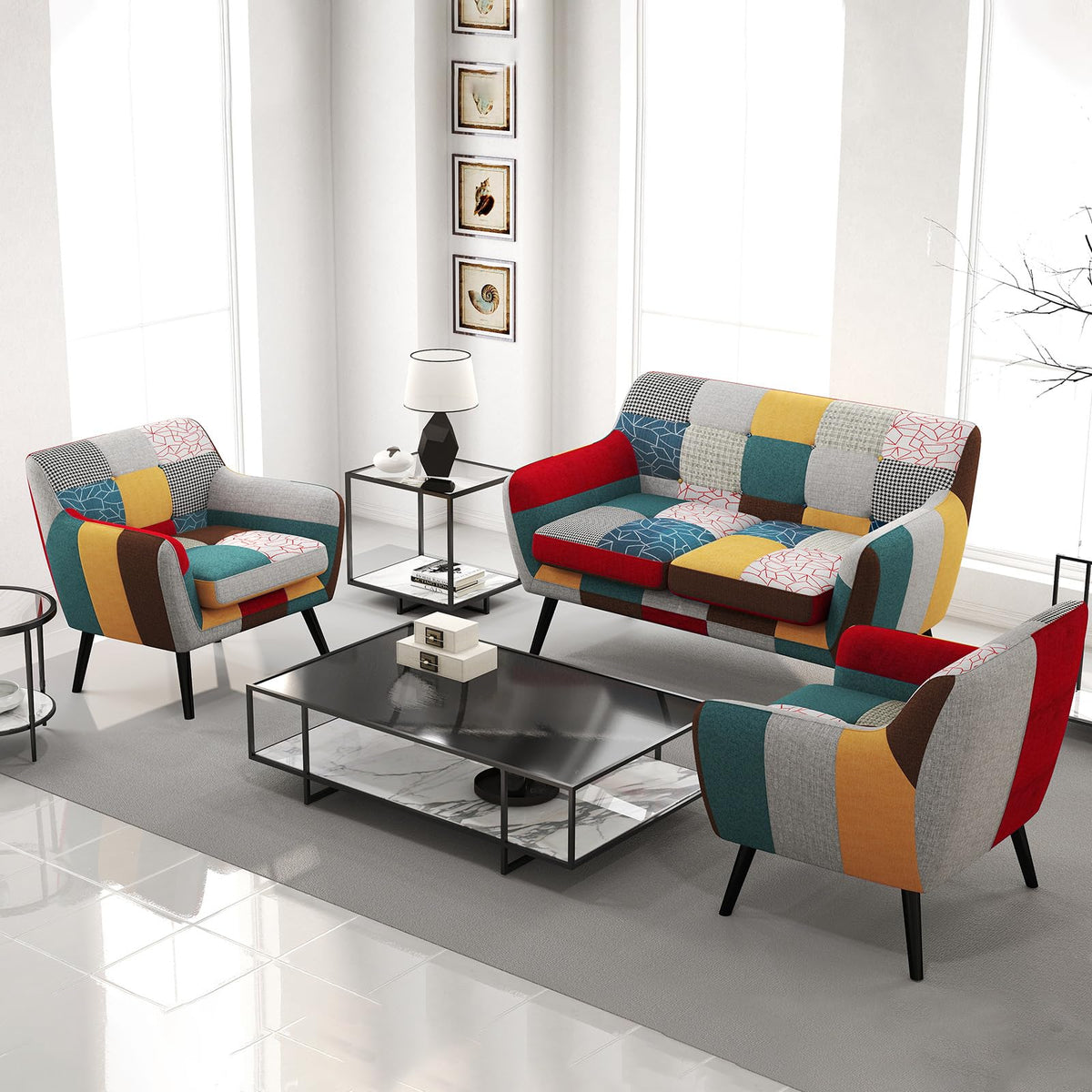 Bonzy Home Modern Colorful 2 Piece Coroful Fabric Sofa Set, Included Accent Chairs and Boho Loveseat Sofa, Linen Patchwork Plaid Couches with Rubberwood Legs and Removable Upholstered for Living Room