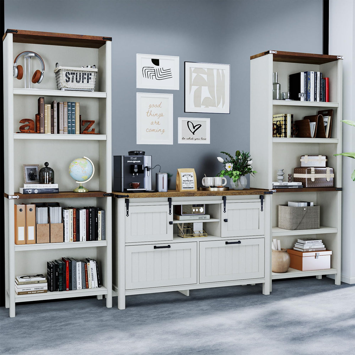 Farmhouse 3-Piece Home Office Set â 46" Wide 2-Drawer Lateral File Cabinet with Power Outlets & USB, Two 71" Tall 5-Tier Bookcases with Adjustable Shelves & Anti-Tip Kit, Black