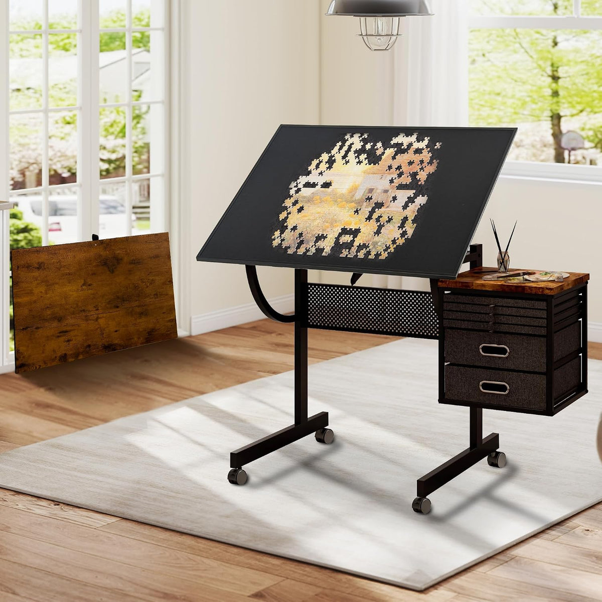 2 in 1 Puzzle Table Double-Sided with Wheels, Adjustable Drafting Desk with Drawers, Felt Storage Trays,, Art Table with 75Â° Tilted Tabletop, Painting Work Station for Home Office, Crafting, Brown
