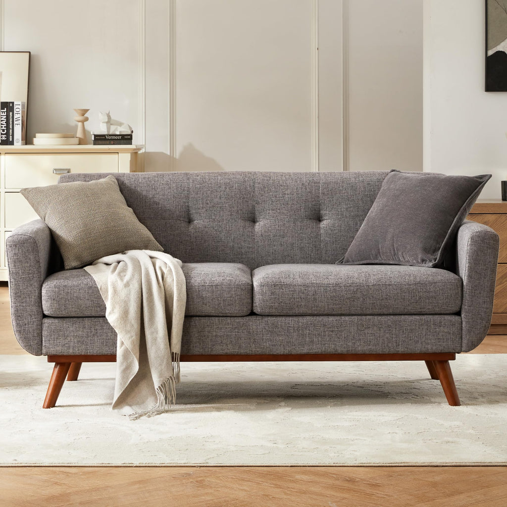 Kingfun 2 Piece Loveseat and Sofa Sets, Mid Century Modern Love Seat Couches for Living Room, Button Tufted Upholstered Furniture, Small Couch for Bedroom, Office, Beige