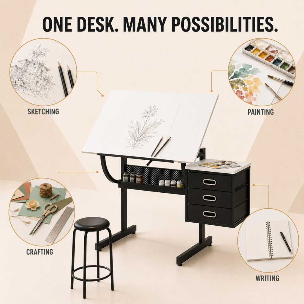 Adjustable Drawing Table with 3 Drawers and Stool, Black