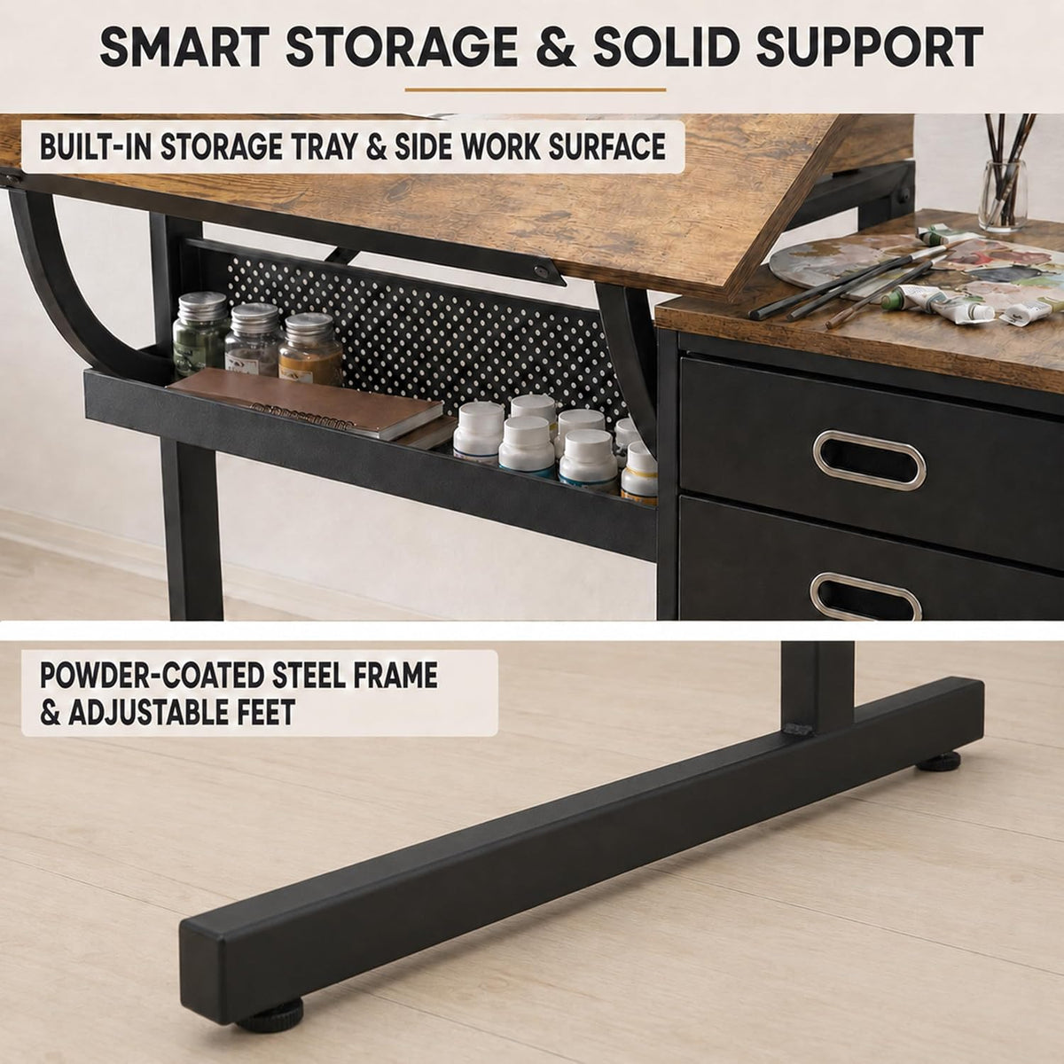 Adjustable Drawing Table with 3 Drawers and Stool, Black