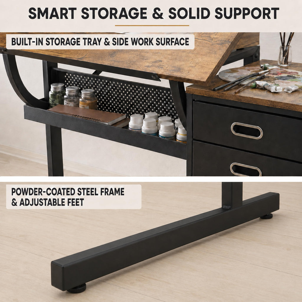 Adjustable Drawing Table with 3 Drawers and Stool, Black