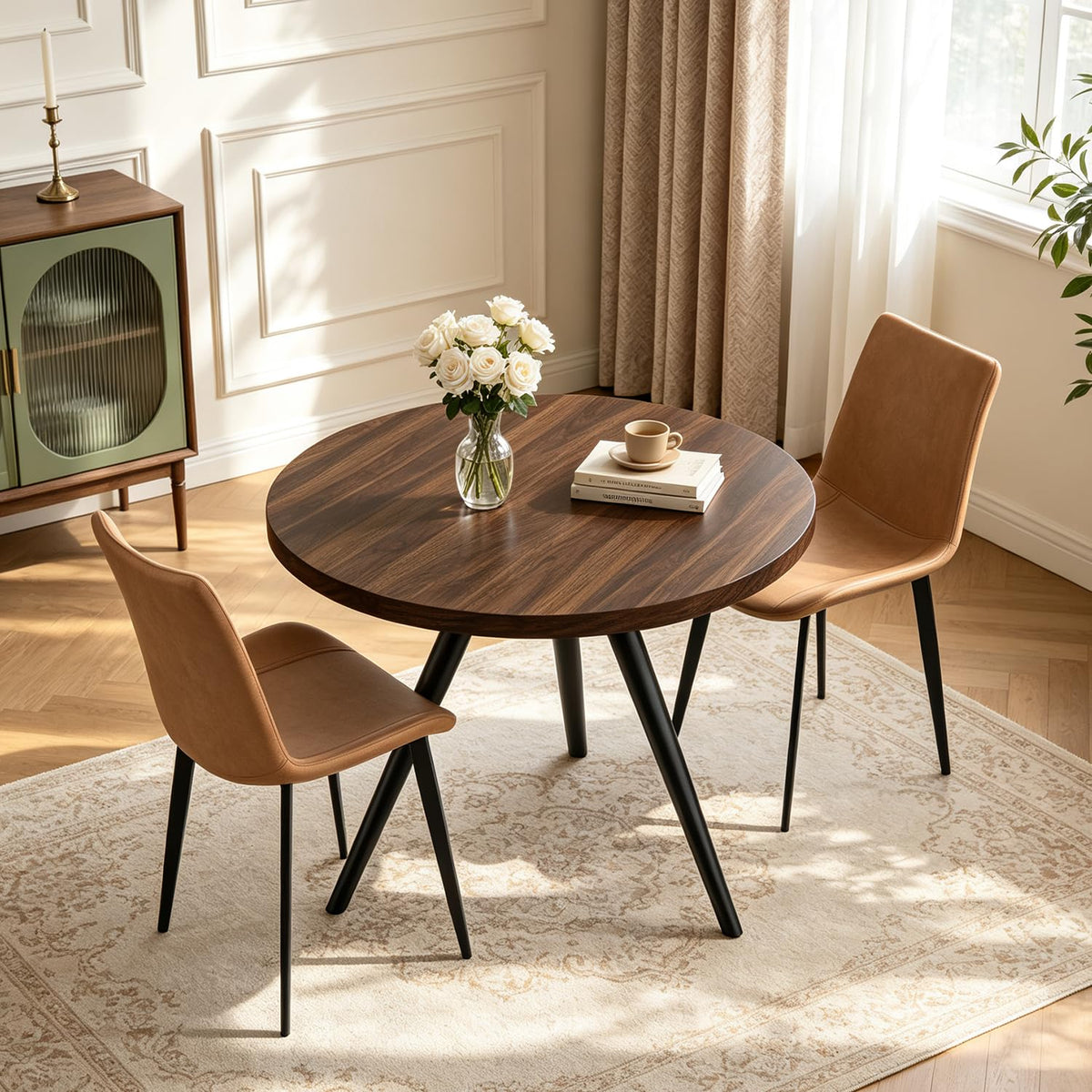 34.6" Round Dining Table Set for 4, Modern Kitchen Coffee Table Set, Walnut
