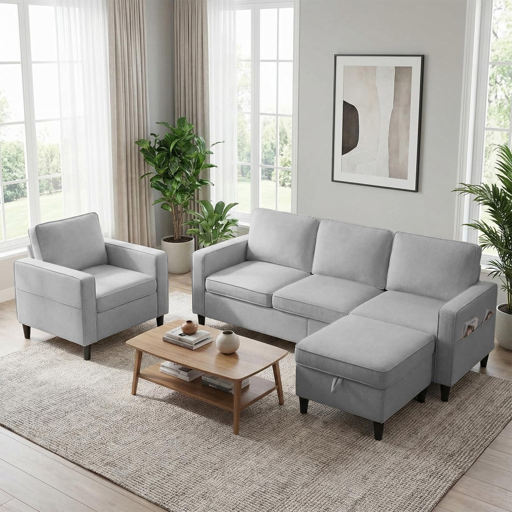 Mjkone 78"W 3 Pieces Sofa Couches Set for Living Room Sets Furniture, Sectional L Shaped 3-Seater Small Sofas Couch and Loveseat Sets with Storage Ottoman and Side Pockets for Home Office, Light Gray
