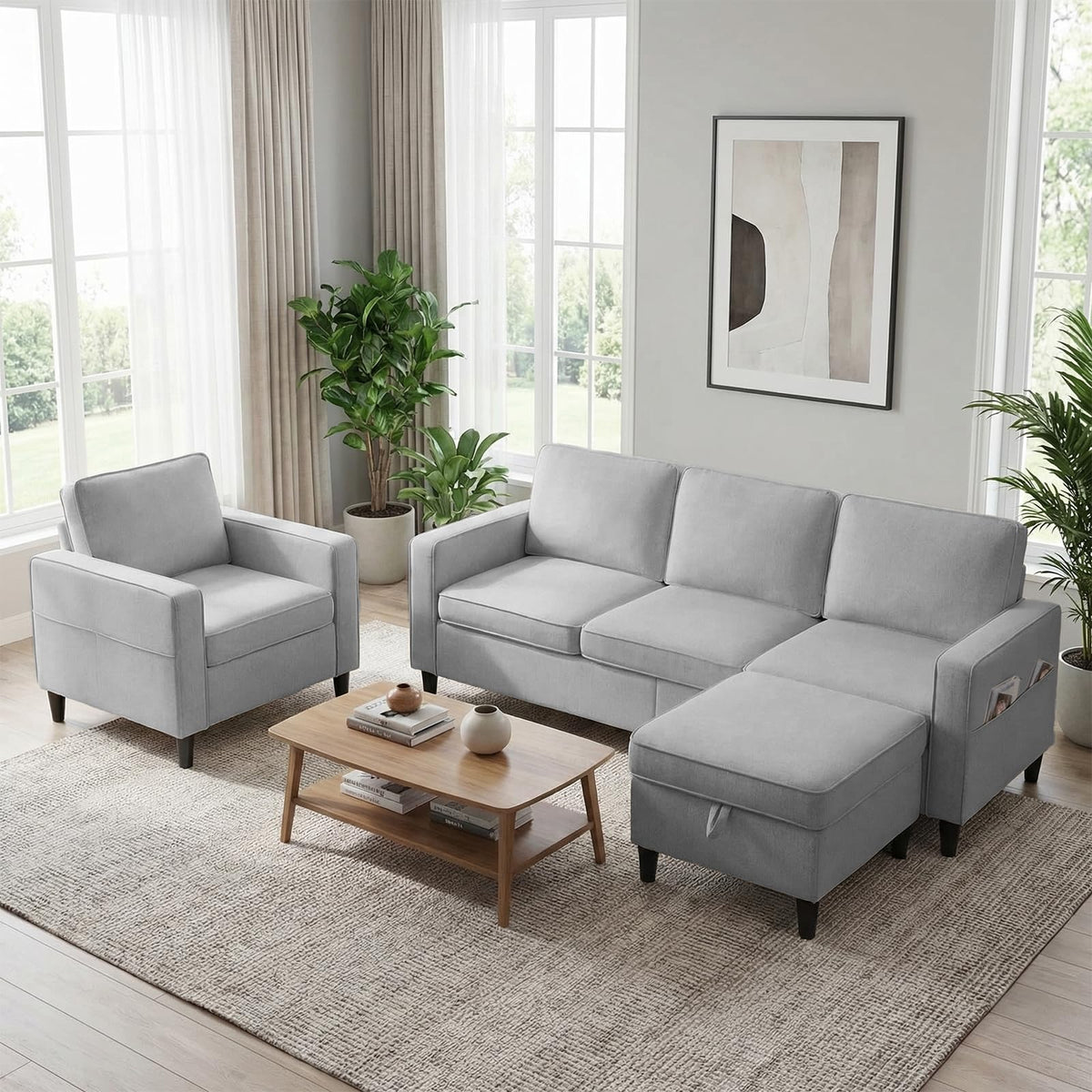 Mjkone 78"W 3 Pieces Sofa Couches Set for Living Room Sets Furniture, Sectional L Shaped 3-Seater Small Sofas Couch and Loveseat Sets with Storage Ottoman and Side Pockets for Home Office, Light Gray