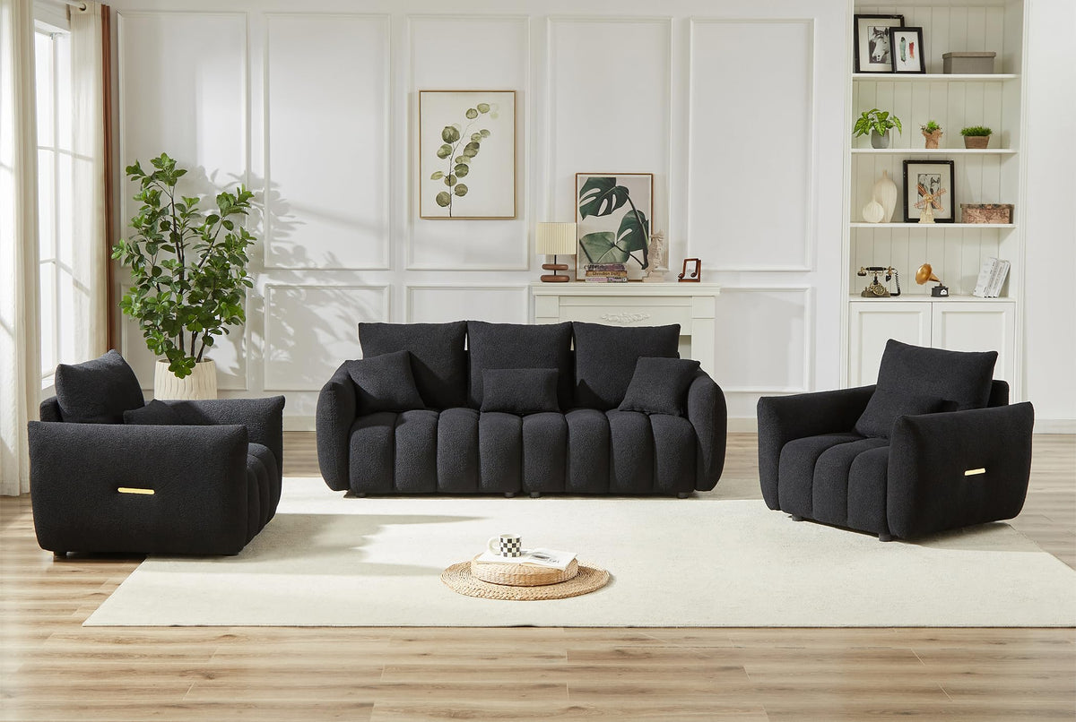 Antetek Teddy Fabric Sofa Set for Living Room, 2 Pieces Modern Deep Seat Oversized 3-Seater Cloud Boucle Couch for Bedroom, Office, Apartment, Furniture Set, 78-inch, Black (2 Pieces)