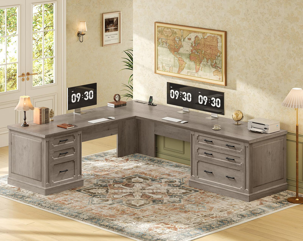 SEDETA Farmhouse 70.9" Executive Desk, Home Office Desk with File Drawers and Storage Cabinet, Computer Desk with Power Outlet for Home Office, Work Study Writing, Black+Brown