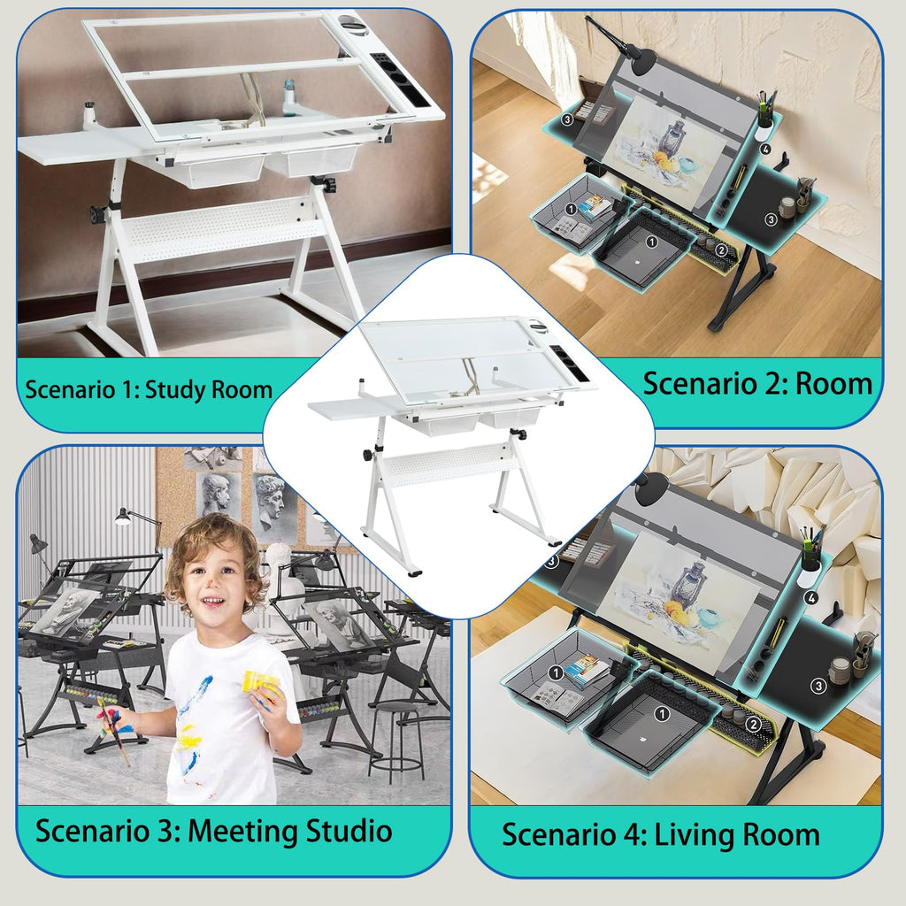 Donfafecuer Adjustable Drafting Table for Adults Professional Art Table 2 Storage Drawers Height Adjustable Home Office Reading Painting Tempered Glass Top Modern Black Design