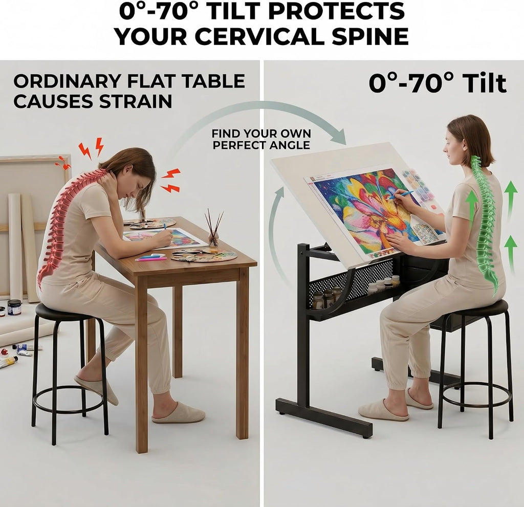 Adjustable Drawing Table with 3 Drawers & Stool, for Art & Work