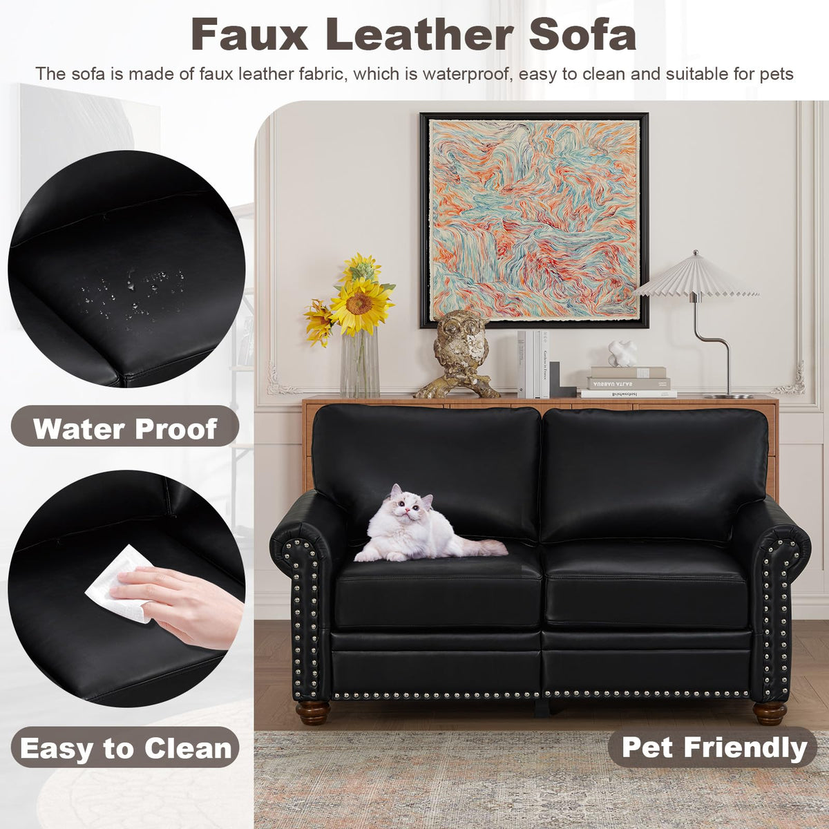 2 Piece Faux Leather Sofa Set,Modern Couch and Loveseat Sets with Storage,Mid Century Couch with Rivet Rolled Arm,Comfy Deep Seat Sofa,Furniture for Living Room,Office(Loveseat+3 Seater,Navy)