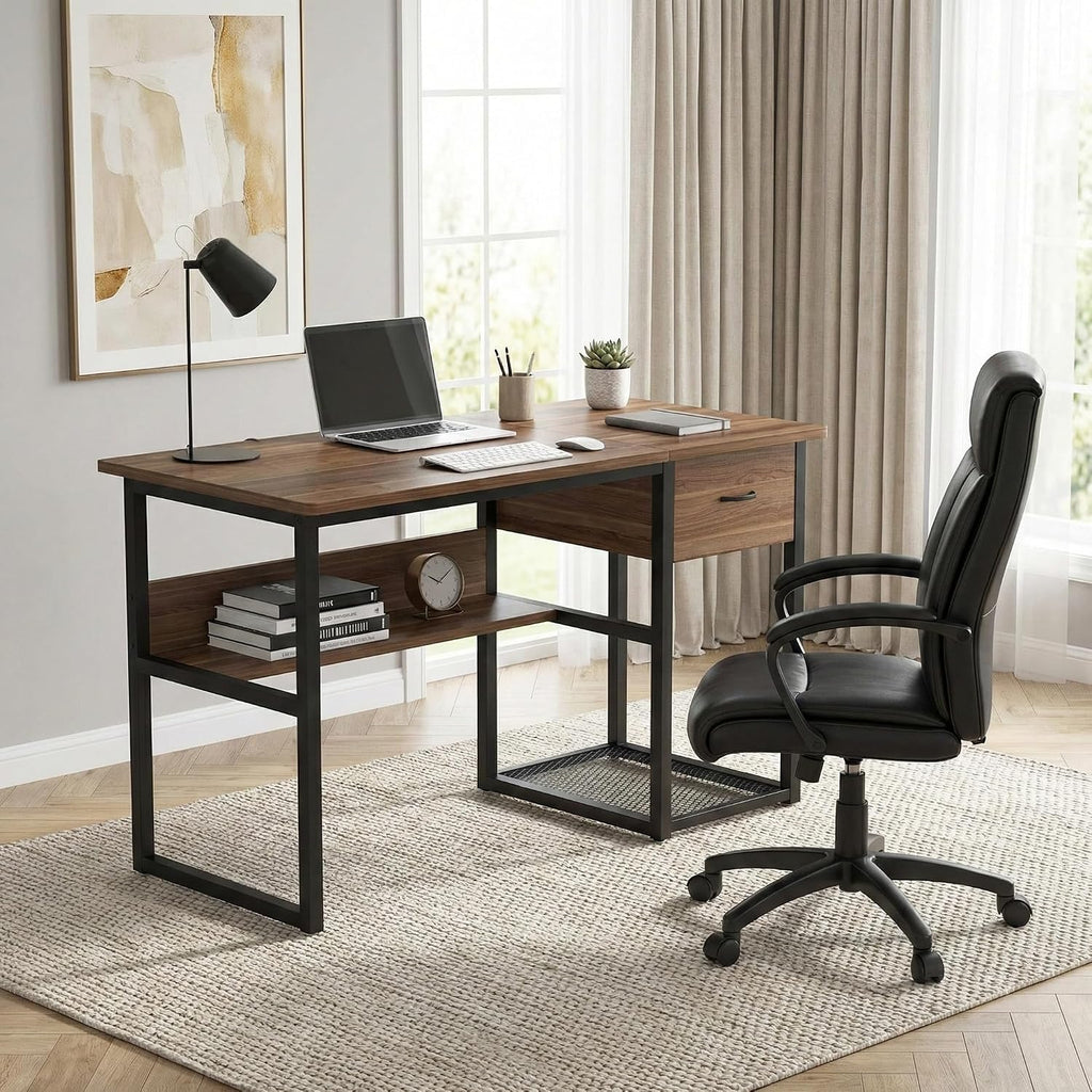 Lailang 47 Inch Computer Desk, Rectangular Office Desk, Drafting Table with Storage, Wood PC Desk, Art Desk for Adults, Small Writing Desk, 47 x 24 x 30 Inch, Walnut Black
