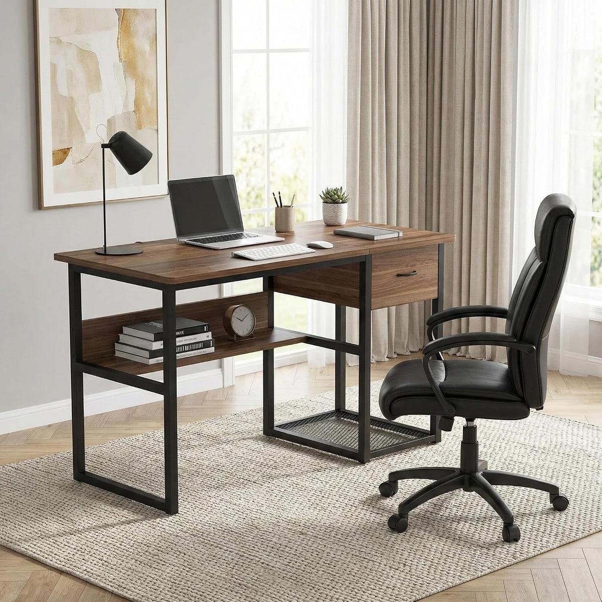 Lailang 47 Inch Computer Desk, Rectangular Office Desk, Drafting Table with Storage, Wood PC Desk, Art Desk for Adults, Small Writing Desk, 47 x 24 x 30 Inch, Walnut Black