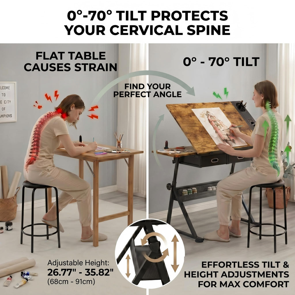 Adjustable Drawing Table with 3 Drawers & Stool, for Art & Work