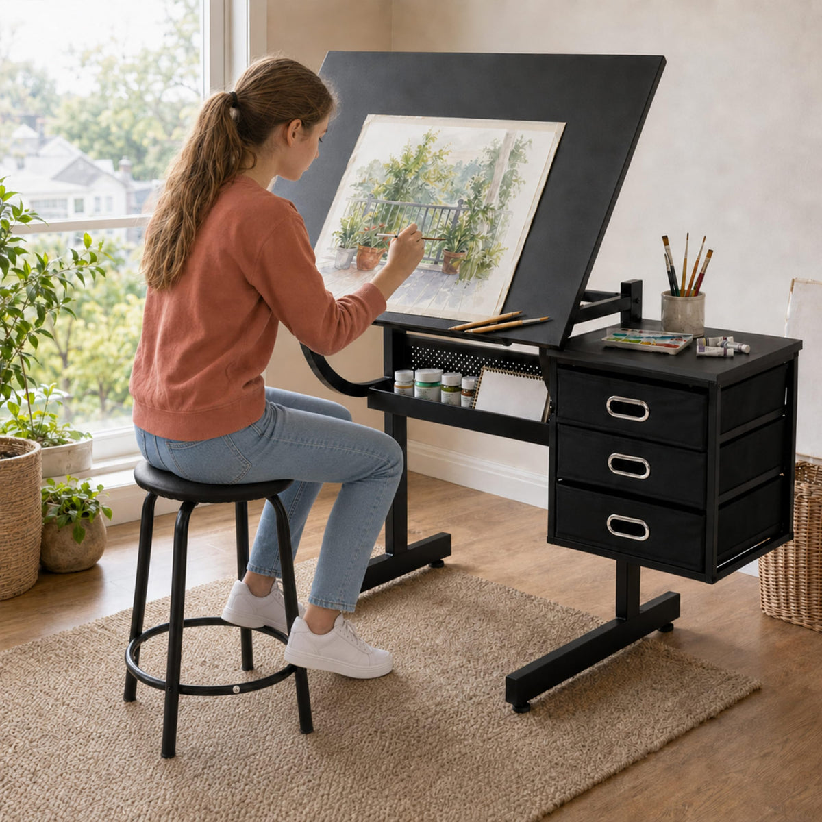 Adjustable Drawing Table with 3 Drawers and Stool, Black