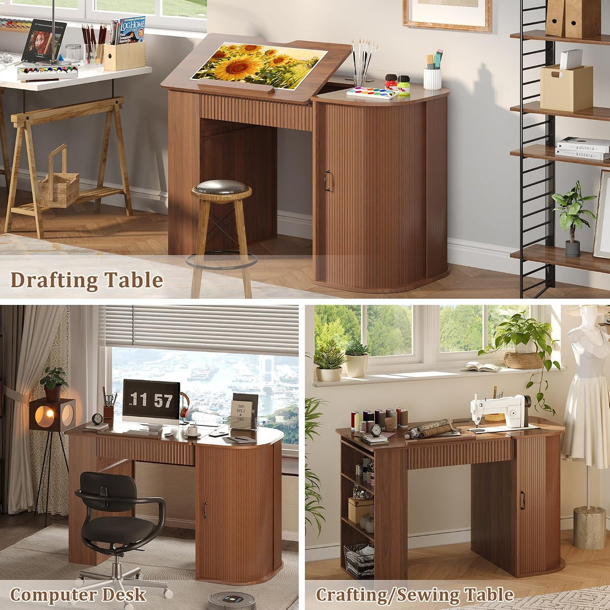 Fluted Drafting Table with Storage, Adjustable Drawing Desk (Walnut)