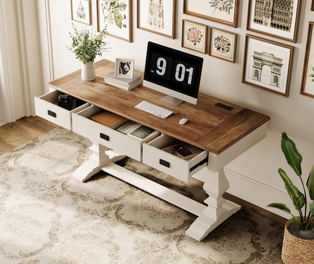 WAMPAT 60-inch Vintage Farmhouse Desk with Charging Station &3 Deep Drawers