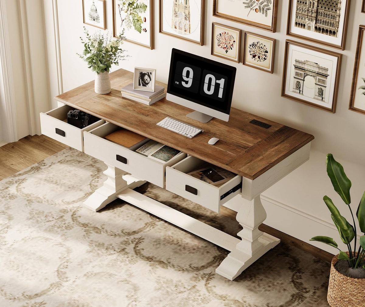 WAMPAT 60-inch Vintage Farmhouse Desk with Charging Station &3 Deep Drawers