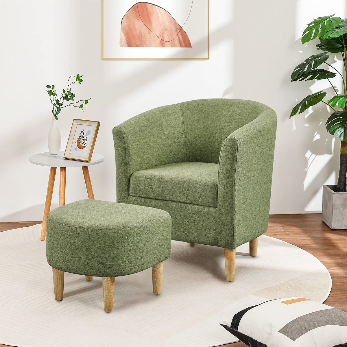 DAZONE Accent Chair with Ottoman, Modern Comfy Armchair Upholstered Barrel Club Chair and Footrest Set, Fabric Tub Arm Chairs for Living Room Bedroom Small Spaces Apartment Office, Set of 2, Gray