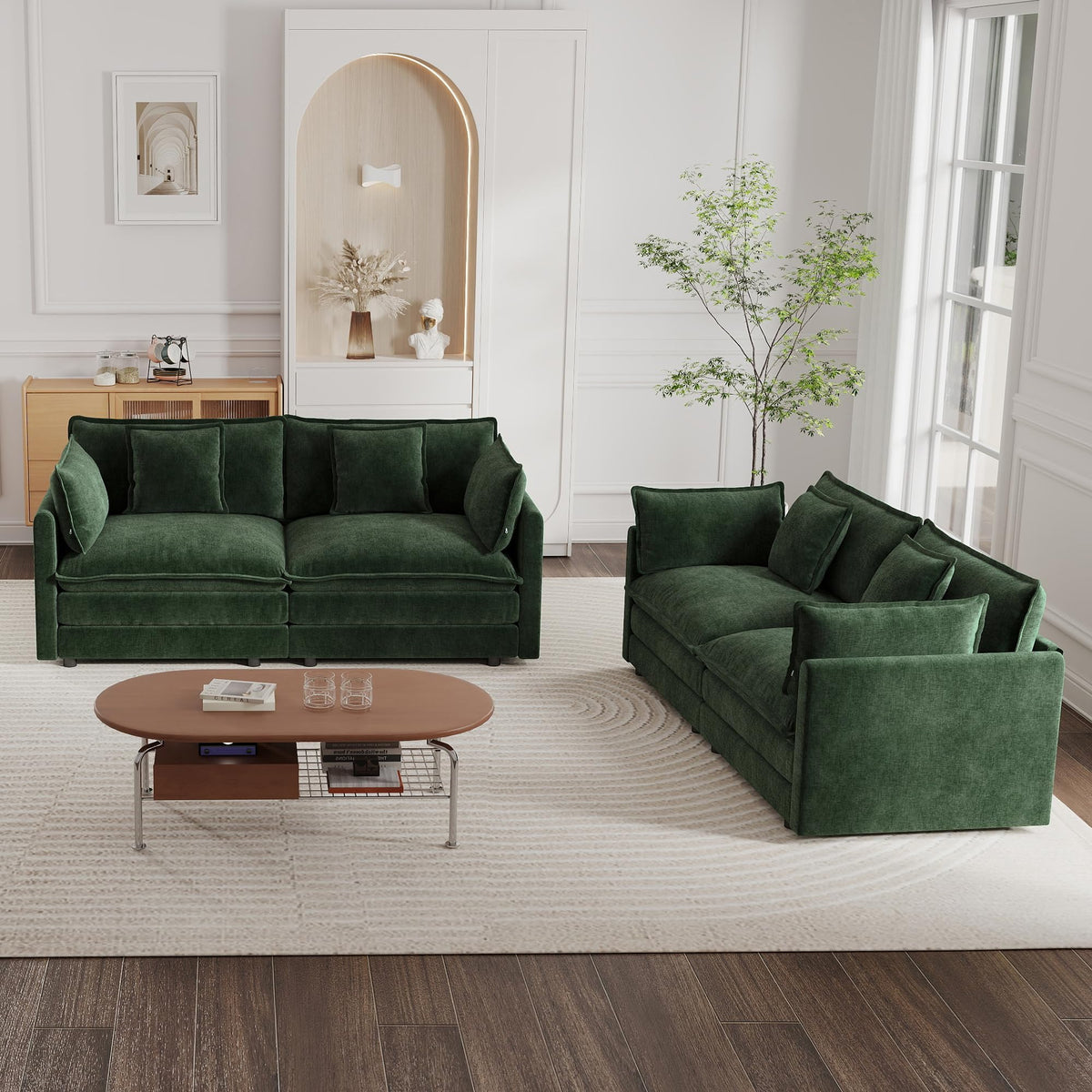 mikibama Luxury 2 Piece Loveseat Couch & Sofa Armchair Set, Modern Upholstered Chenille Cloud Couches Set Furniture with 5 Pillow for Living Room Bedroom Office Apartment, Evergreen
