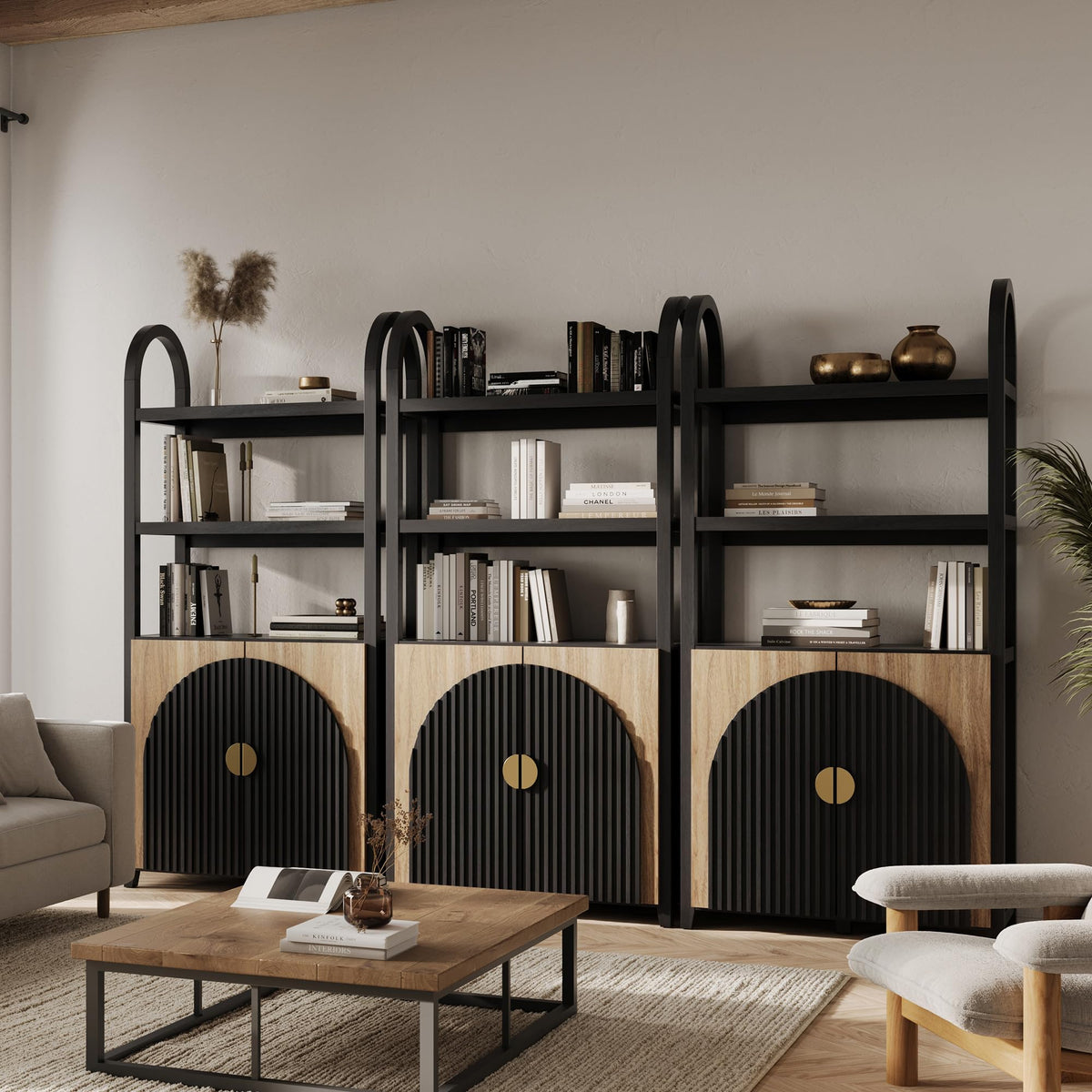 BELLEZE Book Shelf 72" Tall Arched Bookcase with Storage, 5 Tier Mid Century Modern Fluted Bookshelf with Doors, Modular Bookshelves for Living Room Office Library, Set of 2 (Caramel Brown)