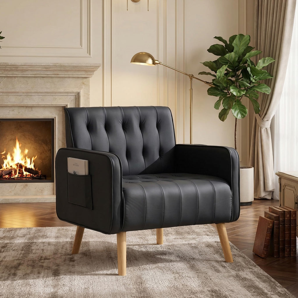 Leather Accent Chair Set of 2, Living Room Chair with Wooden Legs (Black)