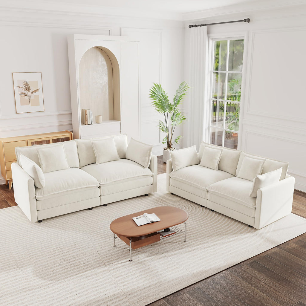 mikibama Luxury 2 Piece Loveseat Couch & Sofa Armchair Set, Modern Upholstered Chenille Cloud Couches Set Furniture with 5 Pillow for Living Room Bedroom Office Apartment, Evergreen