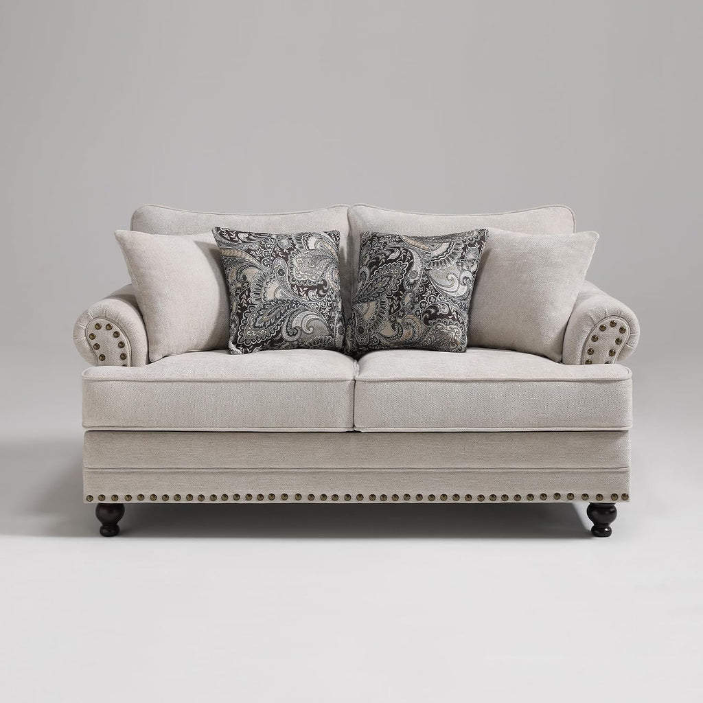 Modern Farmhouse Loveseat Sofa, Chenille Upholstery with Nailhead Trim, Small Couch for Living Room, Bedroom, Office, or Apartment, Includes 4 Accent Pillows