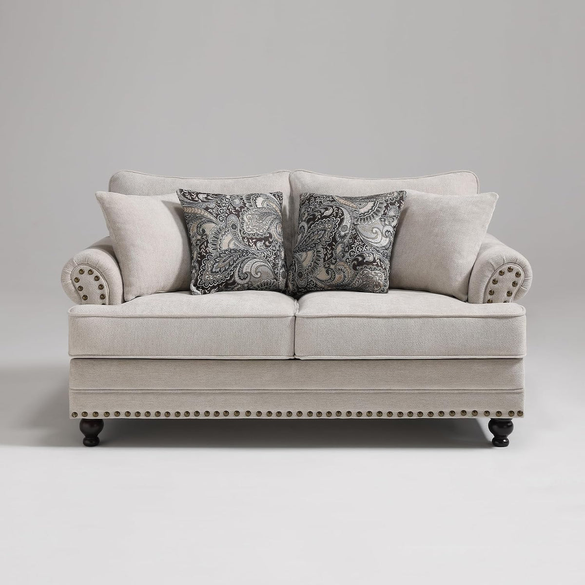 Modern Farmhouse Loveseat Sofa, Chenille Upholstery with Nailhead Trim, Small Couch for Living Room, Bedroom, Office, or Apartment, Includes 4 Accent Pillows