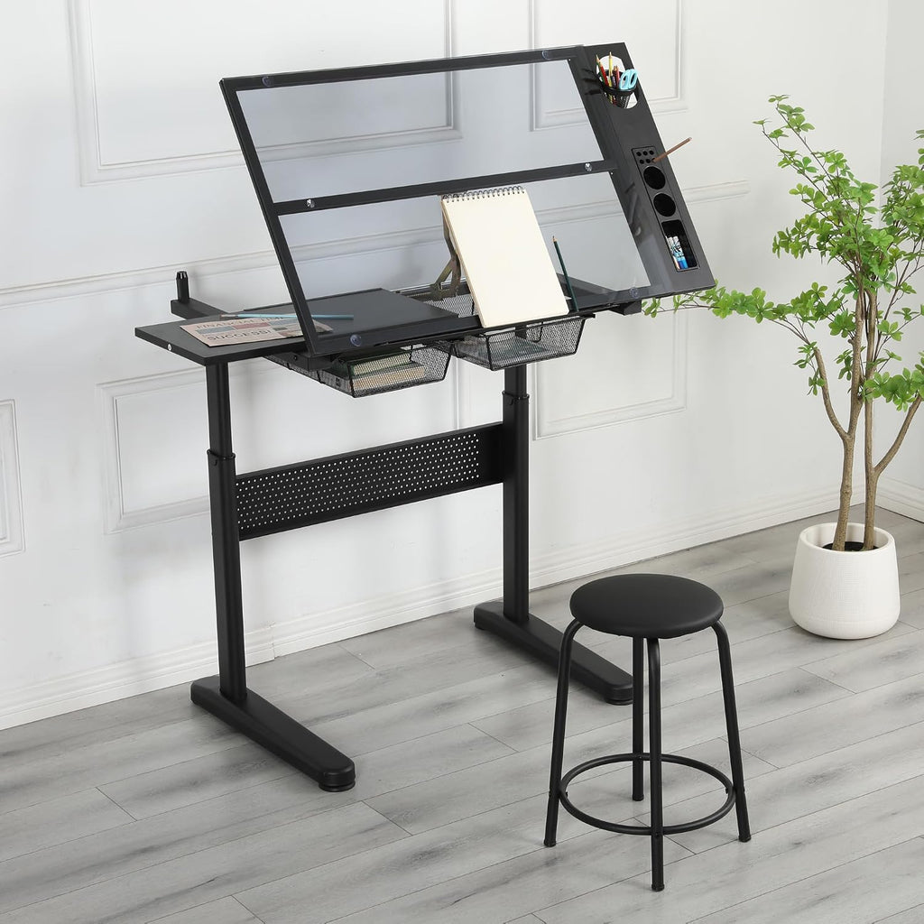 Glass Craft Table Drawing Desk â Drafting Tables Hobby Table Writing Studio Art Artist Desk with Adjustable Tilted Tabletop (Black-Newer)